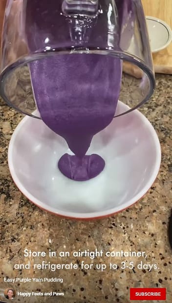 pouring purple yam pudding into bowl from blender