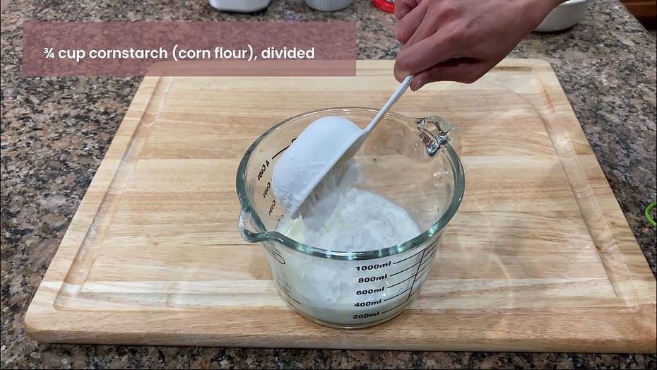 Adding 3/4 cup of cornstarch to the wet ingredients in a measuring cup