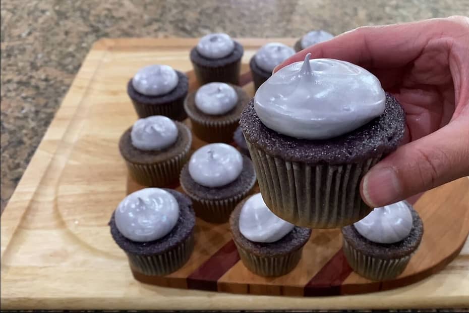 Many Ube Cupcakes on a cutting board
