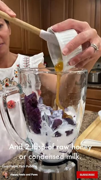 Adding ingredients to blender for purple yam pudding recipe