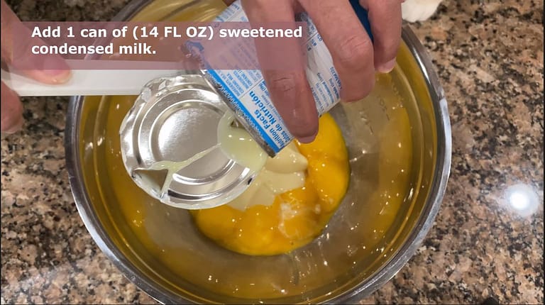 adding condensed milk to eggs for lecheflan recipe