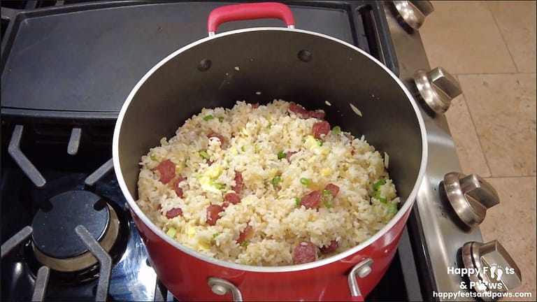 Lap Xuong Fried Rice in a pot on the stove top