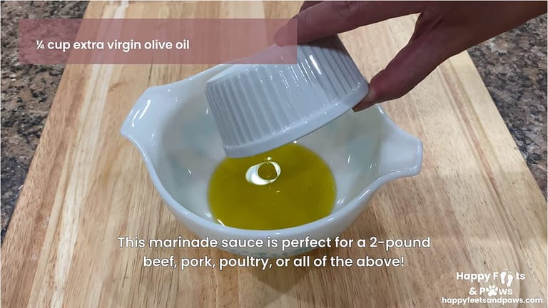 Adding virgin olive oil to bowl for chicken marinade recipe