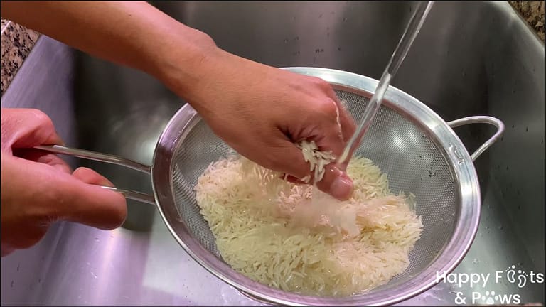 Woman cleaning basmati rice in strainer with cold water