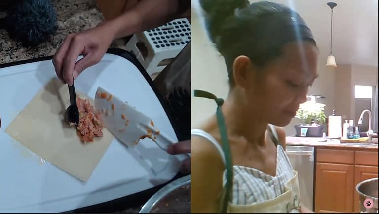 filipino lady putting meat in lumpia wrapper