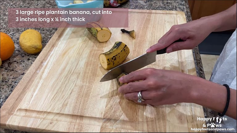 woman cutting plantain bananas for Banana Rum Rolls recipe