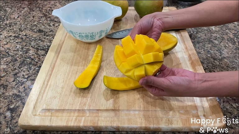 Woman splitting open sliced mango