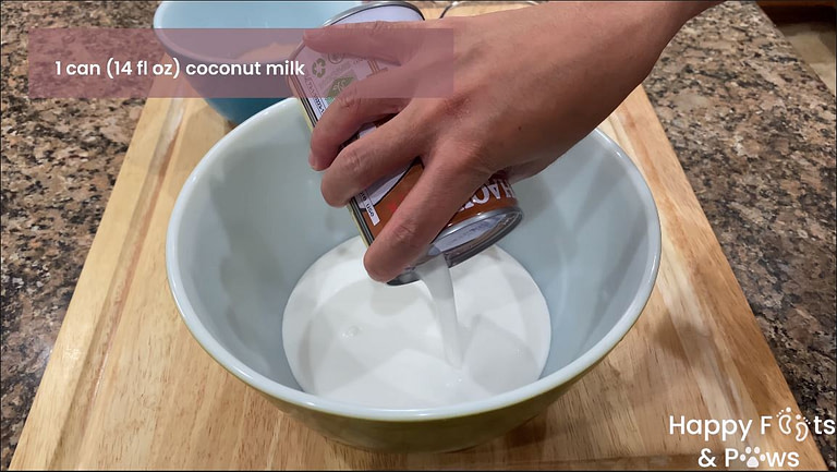 adding coconut milk to bowl for puto maya recipe